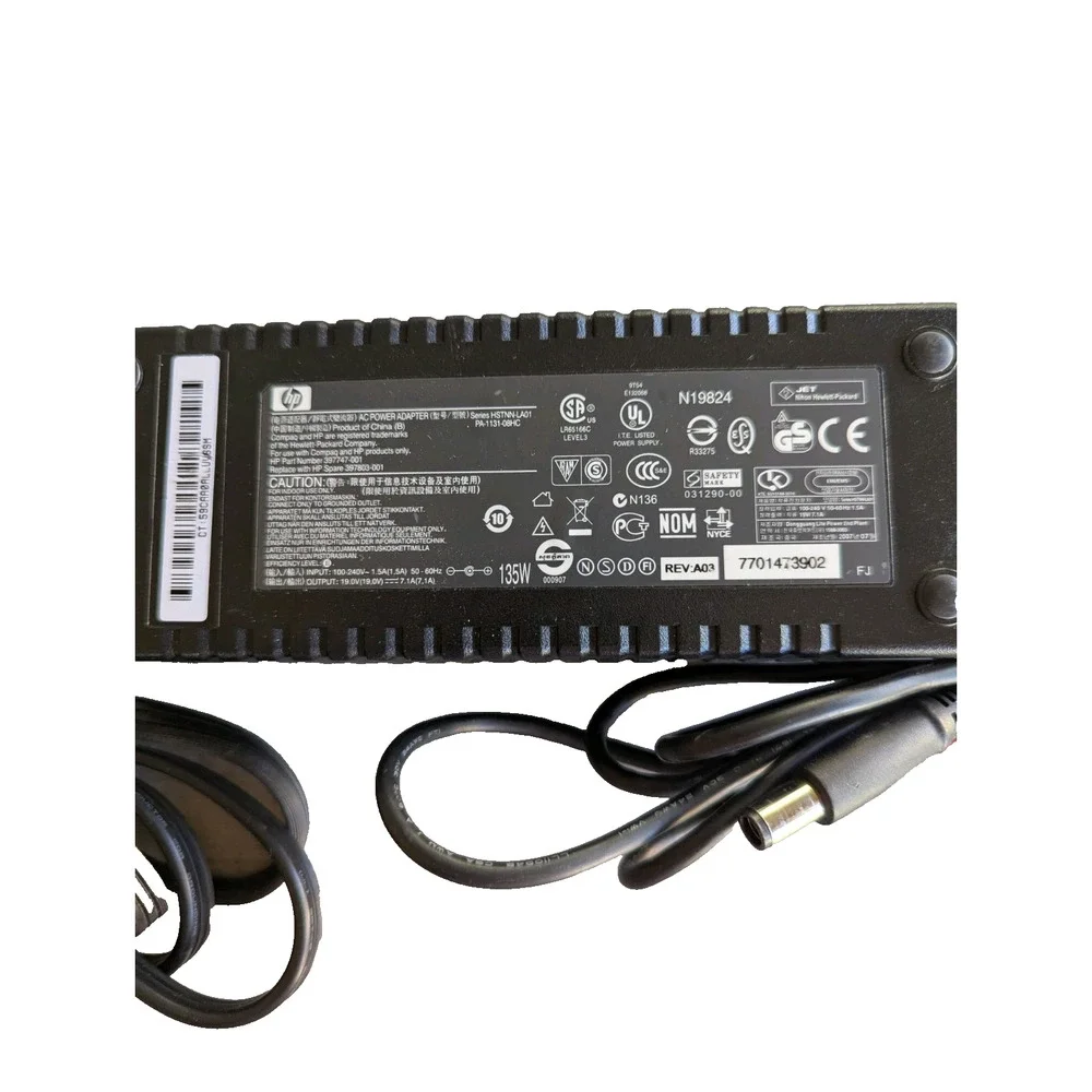 Genuine HP 135W 19.0 V AC Adapter + Power Cord HP Part# 397747-001 Compaq Comp